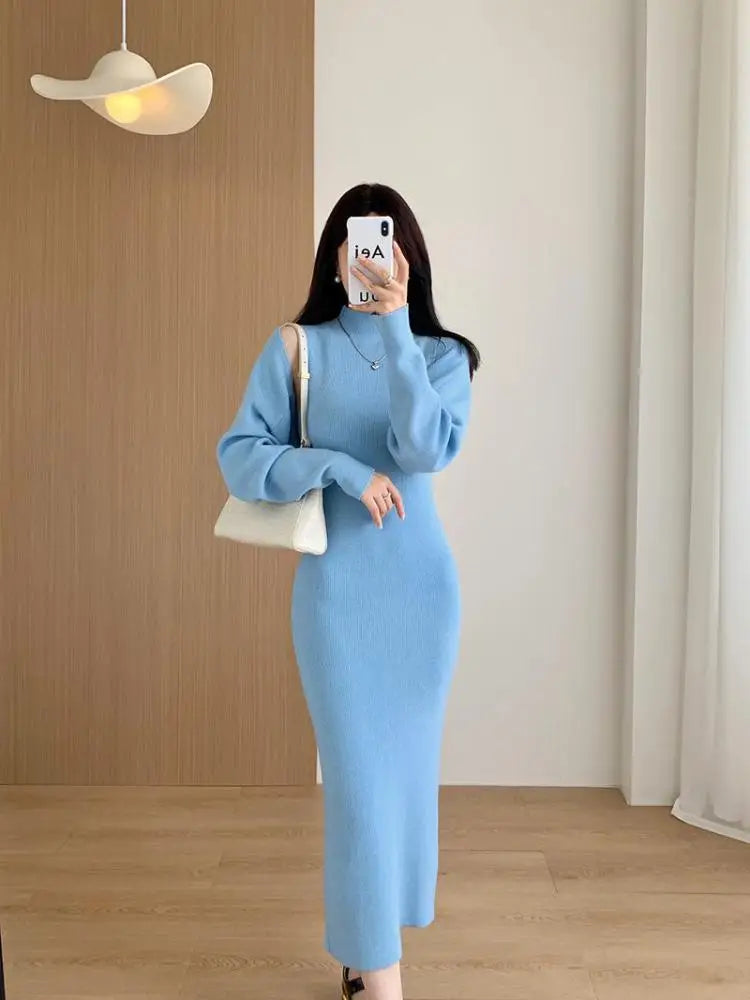 Elegant Solid Ribbed Knitted Dress Women Slim Long Sleeve Cardigan Top And Vest Dresses Autumn Winter Lady Streetwear Robe