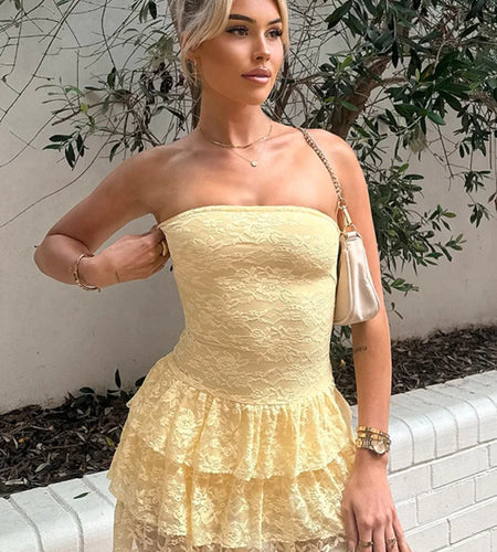 Off-shoulder Strapless Sexy Mini Dress For Women Elegant Lace Sleeveless Backless High Waist Pleated Cake Dress