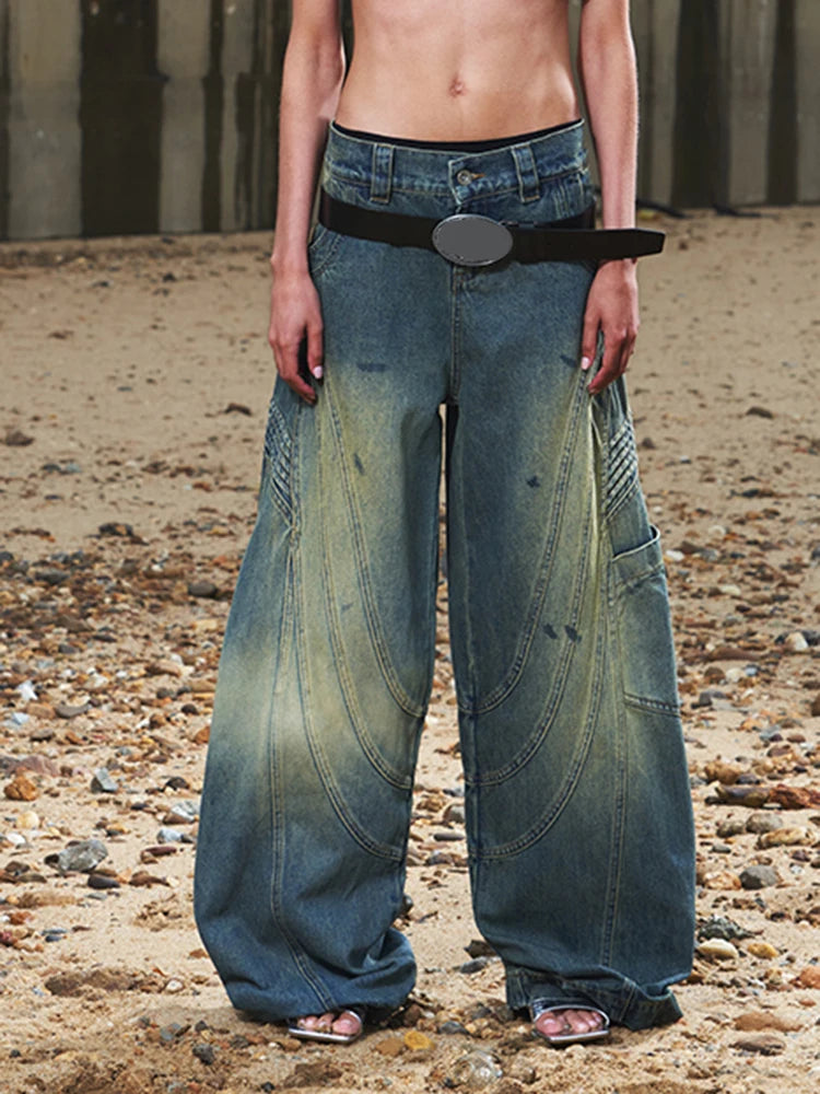 Denim Vintage Jeans For Women High Waist Patchwork Button Casual Temperament Wide Leg Jean Female Fashion Clothing