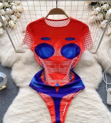 Women Fashion Red Blue Patchwork Print O Neck Short Sleeves Slim Bodysuits+ Elastic Waist Mini Skirts Y2k Retro Two Pieces Suits