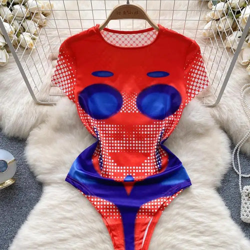 Load image into Gallery viewer, Women Fashion Red Blue Patchwork Print O Neck Short Sleeves Slim Bodysuits+ Elastic Waist Mini Skirts Y2k Retro Two Pieces Suits
