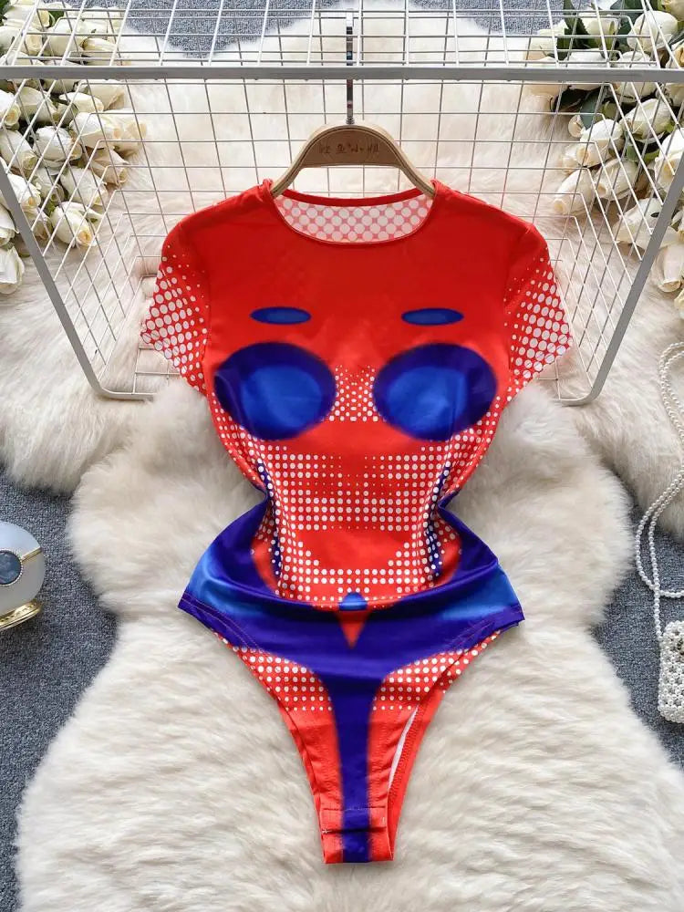 Women Fashion Red Blue Patchwork Print O Neck Short Sleeves Slim Bodysuits+ Elastic Waist Mini Skirts Y2k Retro Two Pieces Suits