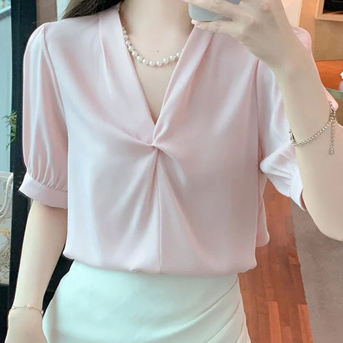 Load image into Gallery viewer, Korean Style V-neck Chic Pleated Women Blouse Puff Sleeve Elegant Summer Office Ladies Solid Color Casual Female Blouses
