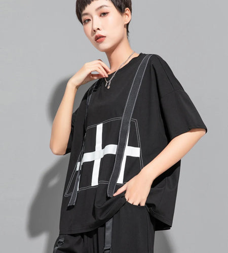 Women Black Color-block Ribbons Big Size T-shirt New Round Neck Short Sleeve Fashion Tide Spring Summer 2025 1DJ1808
