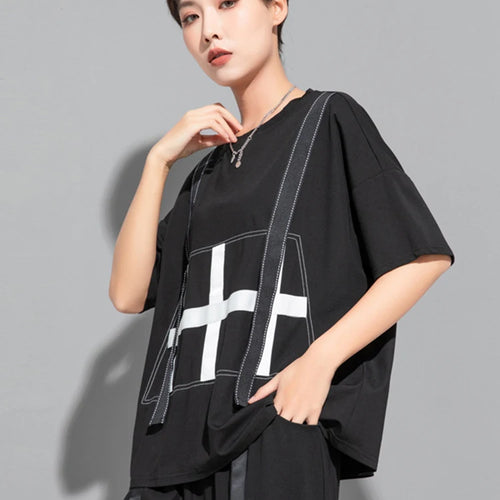 Load image into Gallery viewer, Women Black Color-block Ribbons Big Size T-shirt New Round Neck Short Sleeve Fashion Tide Spring Summer 2025 1DJ1808

