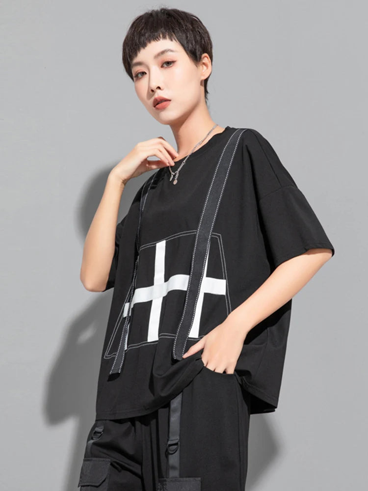 Women Black Color-block Ribbons Big Size T-shirt New Round Neck Short Sleeve Fashion Tide Spring Summer 2025 1DJ1808