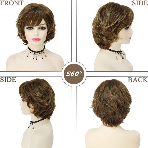 Load image into Gallery viewer, Short Curly Wig with Bangs Synthetic Hair Mommy Wigs Brown Color Natural Hairstyles Layered Mix Brown Wigs for Women Daily Wear
