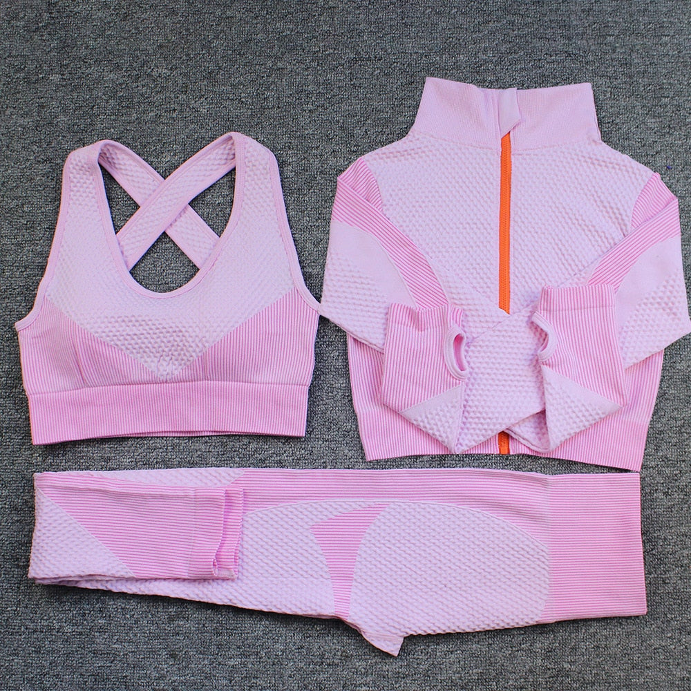2/3 Pieces Seamless Women Yoga Set Fitness Crop Top Bra Zipper Long Sleeve Jacket High-Waisted Tight Pants Gym Exercise Clothing