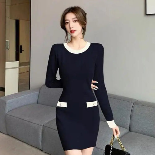 Load image into Gallery viewer, Retro Fashion Sexy Black Patchwork Wrap Hip Bodycon Short Dress Autumn Winter Gray Office Lady O-neck Knitted Party Mini Dresses
