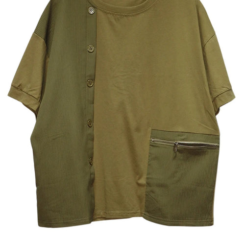 Load image into Gallery viewer, Women Black Zipper Pocket Irregular Big Size T-shirt New Round Neck Short Sleeve Fashion Tide Spring Summer 2025  1DJ0561
