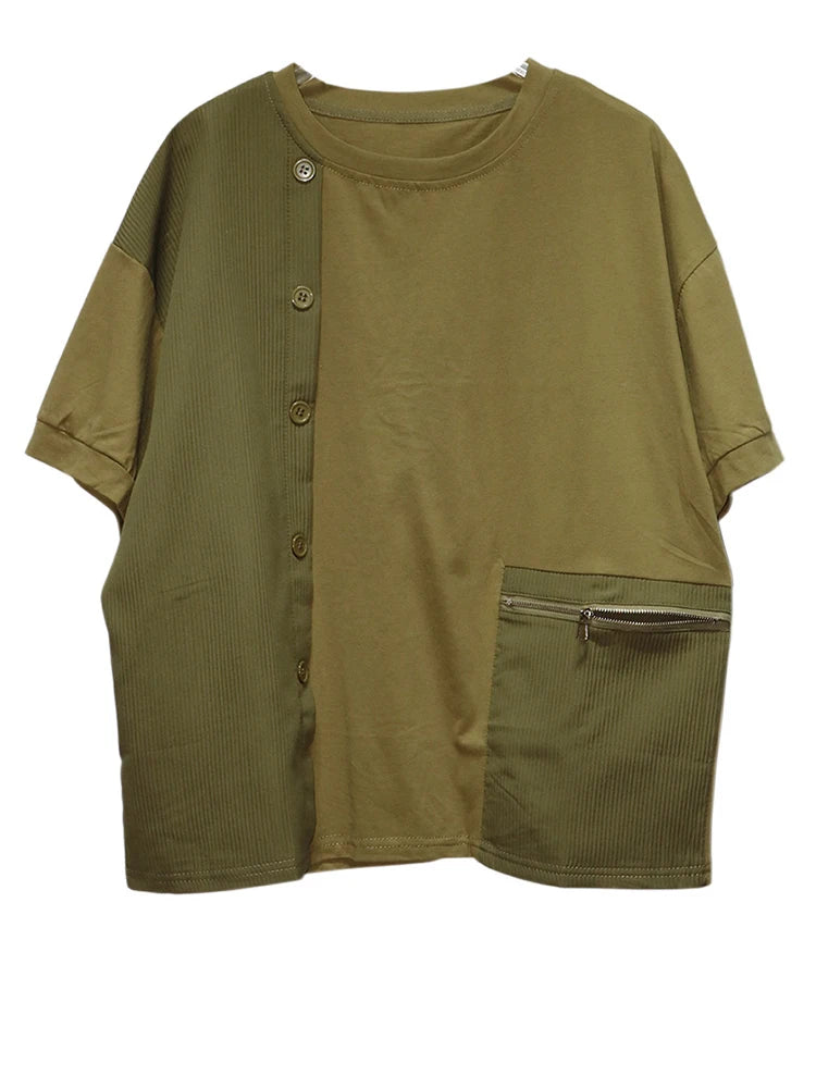 Women Black Zipper Pocket Irregular Big Size T-shirt New Round Neck Short Sleeve Fashion Tide Spring Summer 2025  1DJ0561