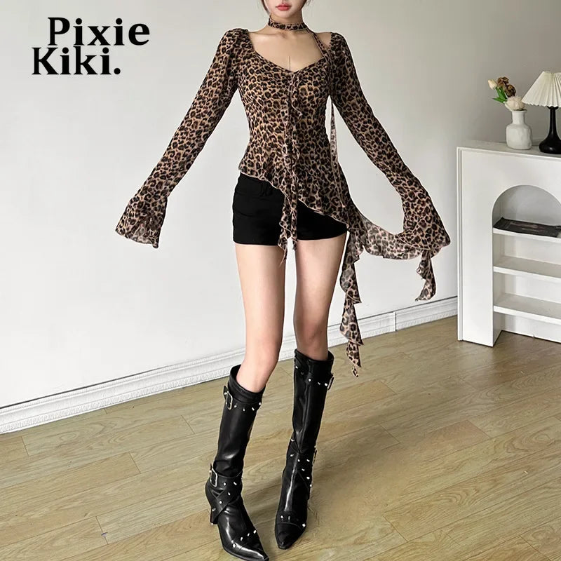 Leopard Print Mesh Sheer Sexy Tops for Women Asymmetrical Ruffled Flare Sleeve Shirts & Blouses Fall 2024 P71-DE15