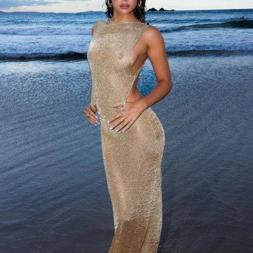 Load image into Gallery viewer, See Through Backless Sexy Maxi Dress For Women Summer New Sheer Sleeveless Back Split Sexy Long Dress Beachwear
