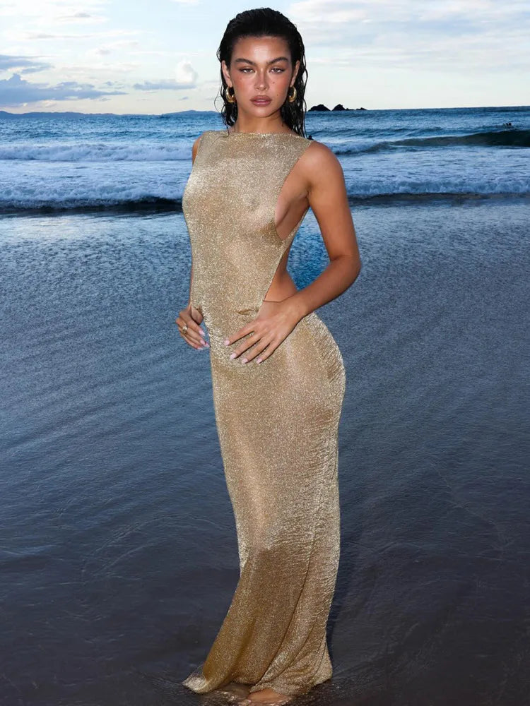 See Through Backless Sexy Maxi Dress For Women Summer New Sheer Sleeveless Back Split Sexy Long Dress Beachwear