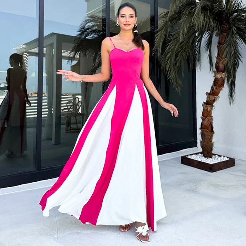 Patchwork Spaghetti Strap Maxi Dress For Women Color Contrast Slipdress Ladies Sleeveless Backless Loose Long Dress