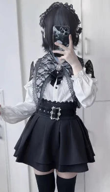 Load image into Gallery viewer, Japanese Kawaii Lolita Shirt Women Y2k Aesthetic Lace Patchwork Bandage Blouse Harajuku Sweet Cute Ruffle Bow Tops Blusas Cute
