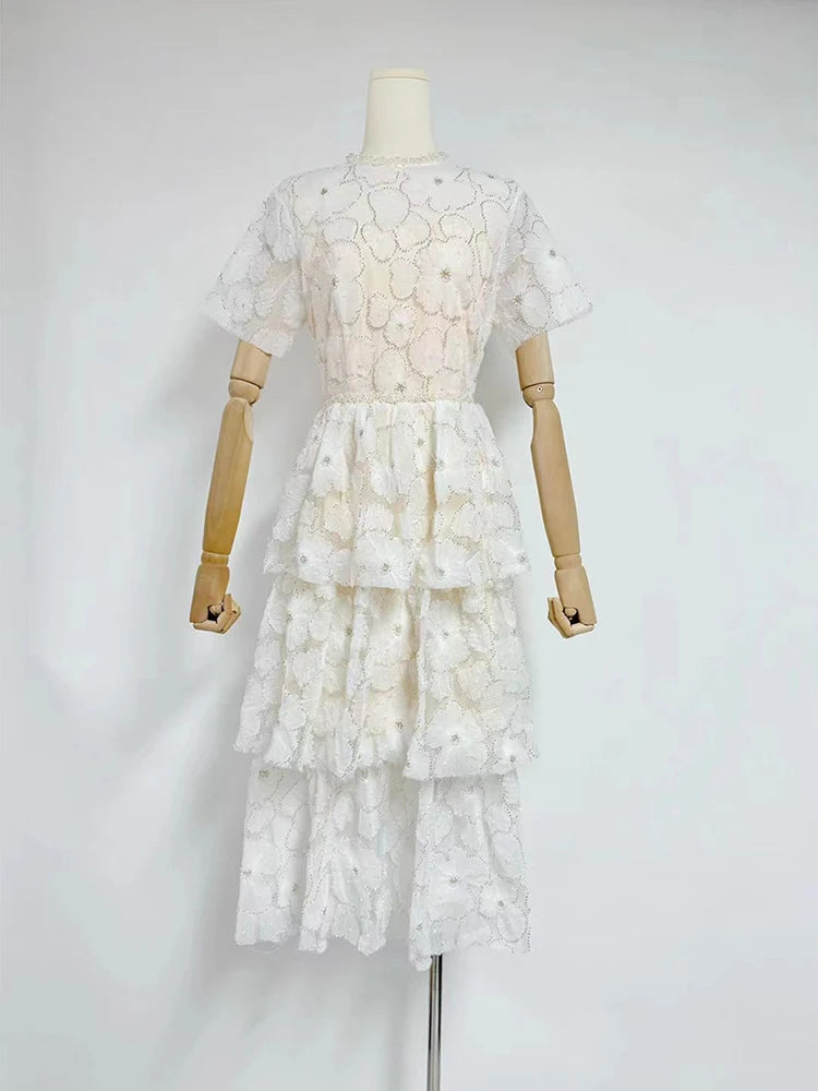 Hit Color Slimming Casual Elegant Dresses For Women O Neck Short Sleevehigh Waist Temperament Long Dress Female New