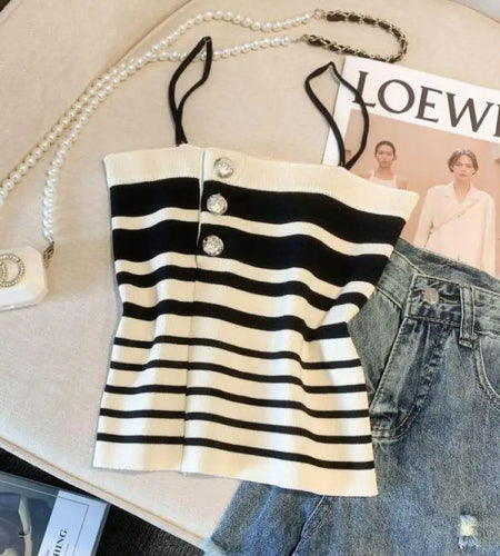 Retro Women Black White Striped Knit Crochet Top Summer Sexy Pink Patchwork Backless Single Breasted Short Spaghetti Strap Tops