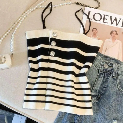 Load image into Gallery viewer, Retro Women Black White Striped Knit Crochet Top Summer Sexy Pink Patchwork Backless Single Breasted Short Spaghetti Strap Tops
