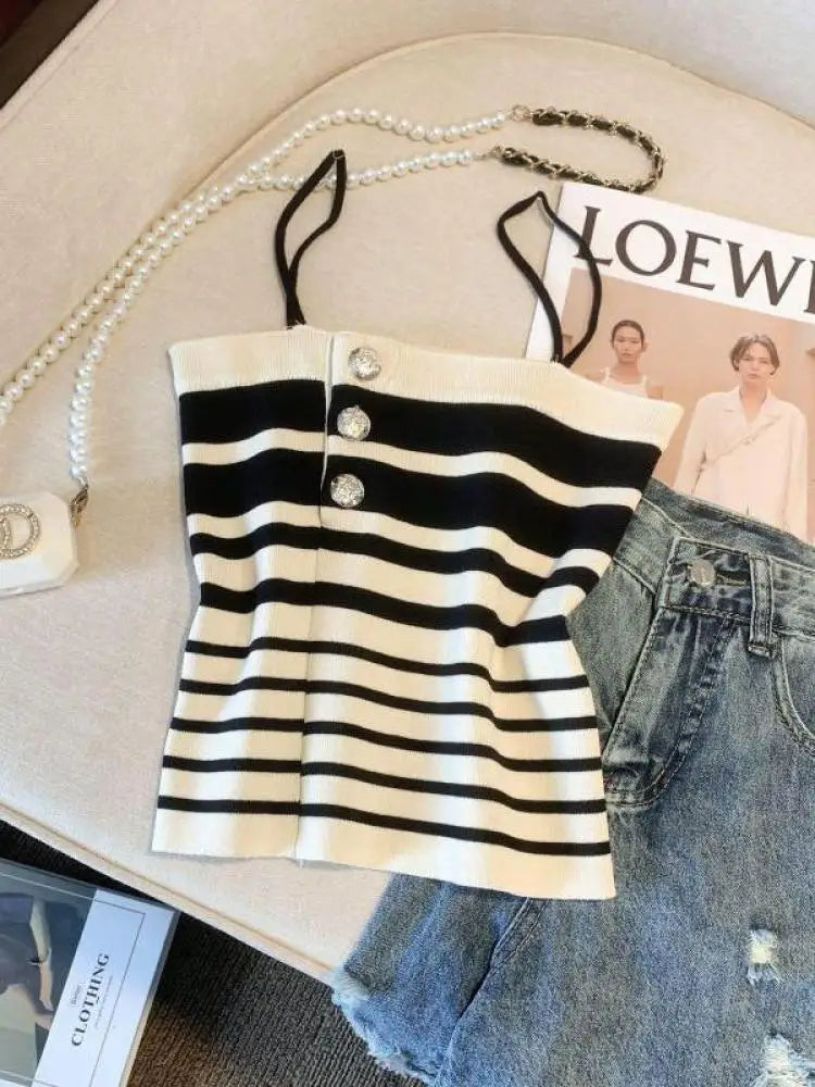 Retro Women Black White Striped Knit Crochet Top Summer Sexy Pink Patchwork Backless Single Breasted Short Spaghetti Strap Tops