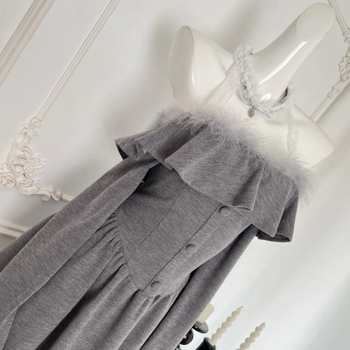 Load image into Gallery viewer, Autumn Ladies Grey Patchwork Lace Ruffles Halter Party Mini Dress Chic High Waist Sexy Club Elegant Backless Pleated Short Dress
