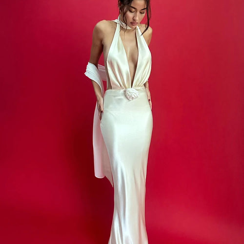 Load image into Gallery viewer, Deep V Backless Evening Dress for Women, Sexy Bodycon Dress, Satin Lace Up Flower Dress, Female Slim Party Night Clubwea
