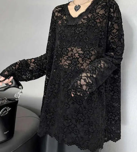 Women Black Lace Perspective Big Size Elegant T-shirt New V-Neck Long Sleeve Fashion Tide Spring Autumn 2025 1DH8612