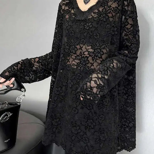 Load image into Gallery viewer, Women Black Lace Perspective Big Size Elegant T-shirt New V-Neck Long Sleeve Fashion Tide Spring Autumn 2025 1DH8612
