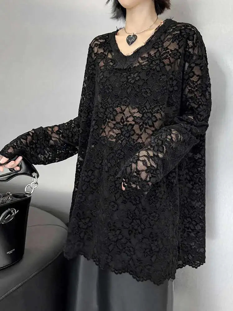 Women Black Lace Perspective Big Size Elegant T-shirt New V-Neck Long Sleeve Fashion Tide Spring Autumn 2025 1DH8612