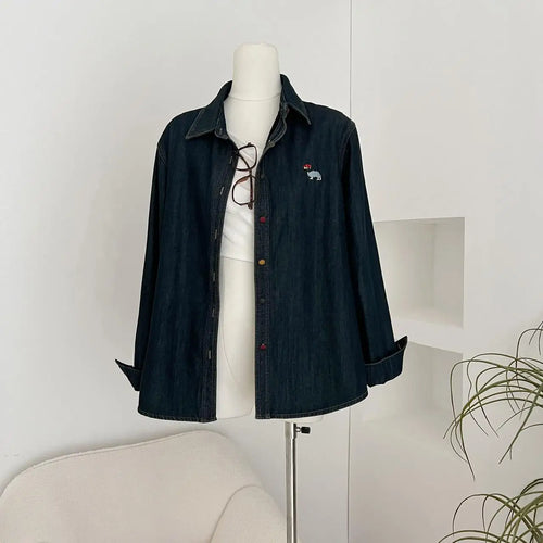 Load image into Gallery viewer, Korean Fashion Blue Velvet Embroidered Puppy Denim Shirt Women Long Sleeve Blouses Vintage Single Breasted Tops Autumn Winter
