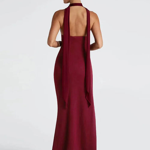 Load image into Gallery viewer, Scarf Collar Backless Sexy Maxi Dress Women Gown Fashion Halter Deep V Neck Thigh High Split Bodycon Long Dress

