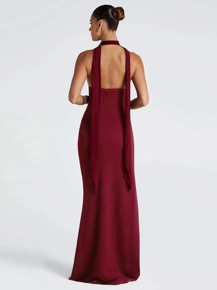 Scarf Collar Backless Sexy Maxi Dress Women Gown Fashion Halter Deep V Neck Thigh High Split Bodycon Long Dress