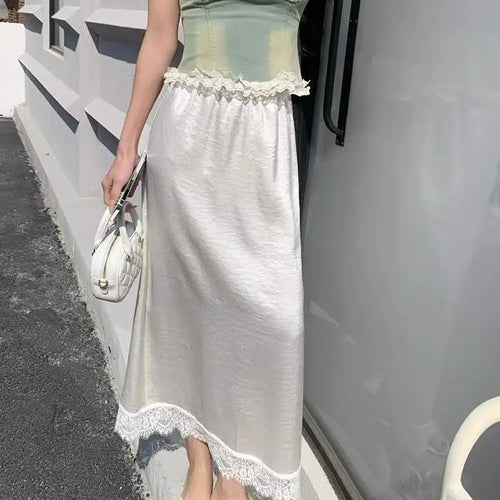 Load image into Gallery viewer, Spring Summer Women Patchwork Lace Elegant Long Skirt Korean Version High Waist Temperament Vacation Pleated Half Skirt Clothing
