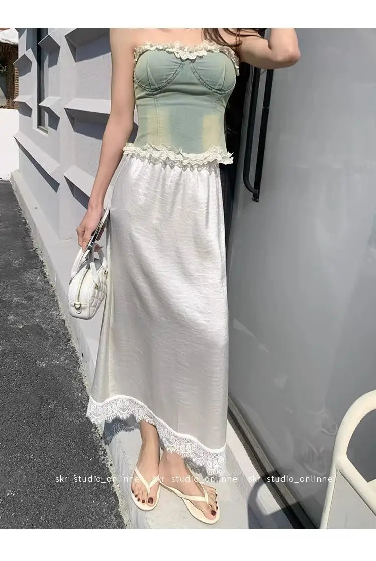 Spring Summer Women Patchwork Lace Elegant Long Skirt Korean Version High Waist Temperament Vacation Pleated Half Skirt Clothing