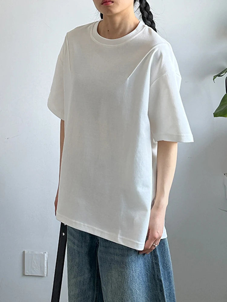 Women White Pleated Brief Big Size Casual T-shirt New Round Neck Short Sleeve Fashion Tide Spring Summer 2025 1DJ1177