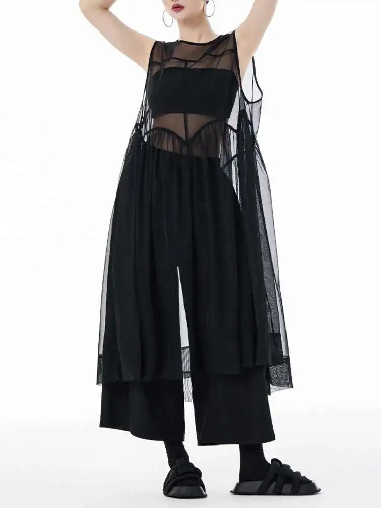 Women Black Big Hem Mesh Big Size Elegant Perspective Dress New Round Neck Sleeveless Fashion Spring Summer 2025 1DH6298