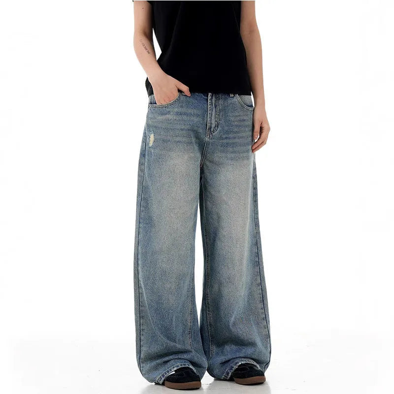 Men Jeans New American Style High Street Stylish Loose Cat Whisker Wide Leg Male Denim Pants Casual Handsome Trendy 9W1718