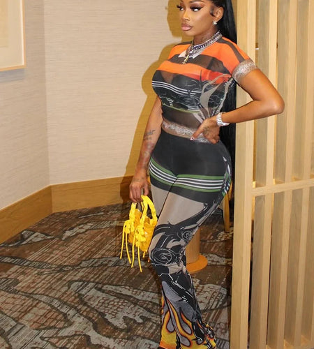 Colorful Art Print 2-Piece Set Elasticity Women See Through o-Neck Tops+Flared Trousers Summer Trend Daily Matching Suits