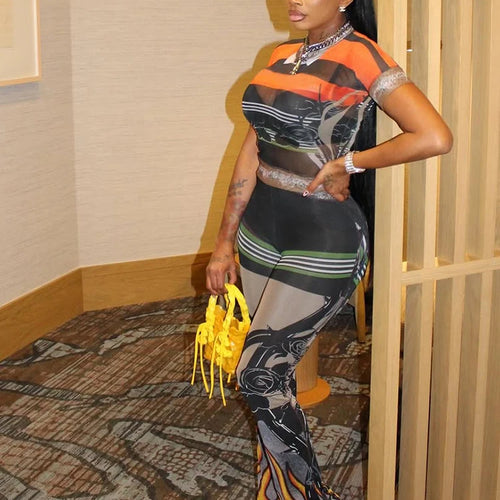 Load image into Gallery viewer, Colorful Art Print 2-Piece Set Elasticity Women See Through o-Neck Tops+Flared Trousers Summer Trend Daily Matching Suits
