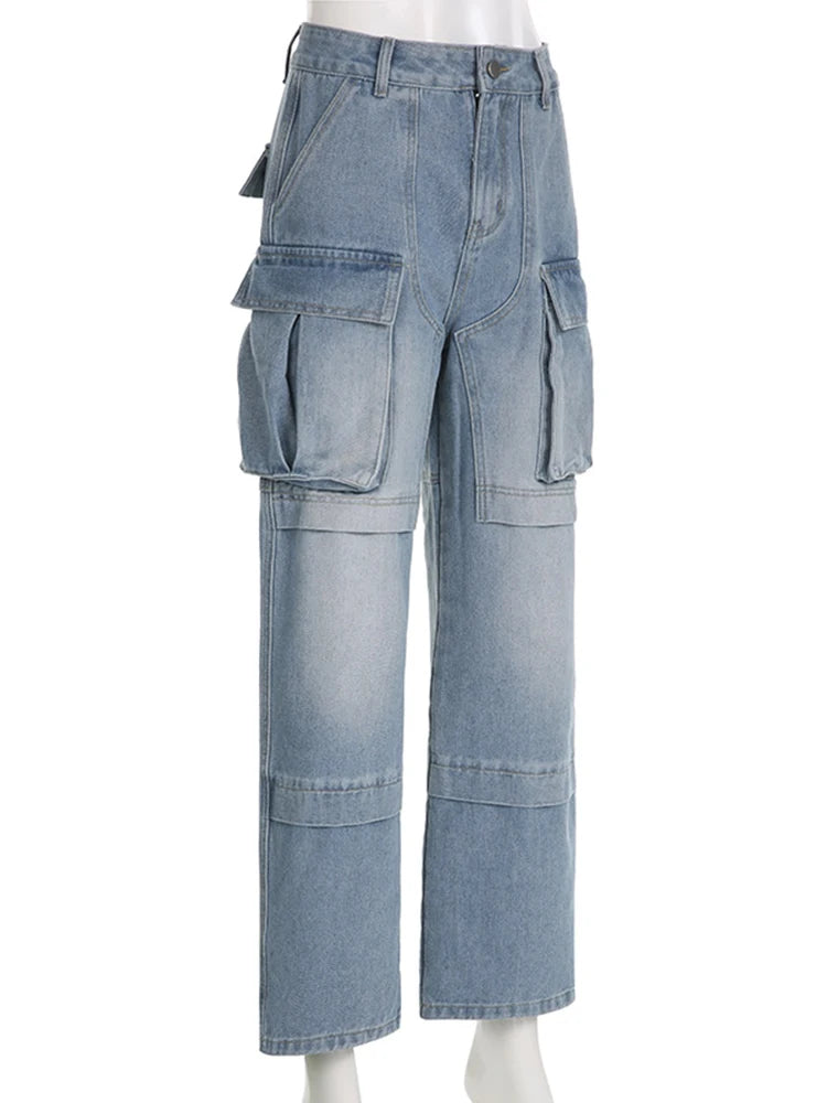 Solid Spliced Button Jeans For Women High Waist Patchwork Pockets Casual High Street Wide Leg Jean Female Clothing