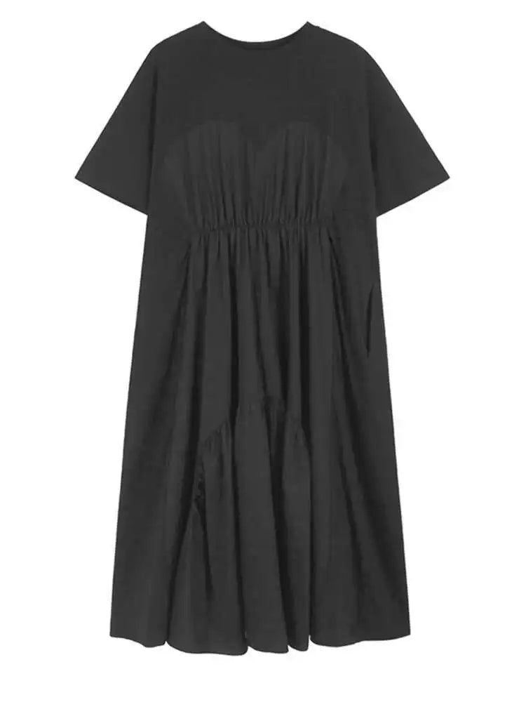 Women Khaki Pleated Spliced Big Size Midi Casual Dress New Round Neck Short Sleeve Fashion Tide Spring Summer 2025 1DH9811