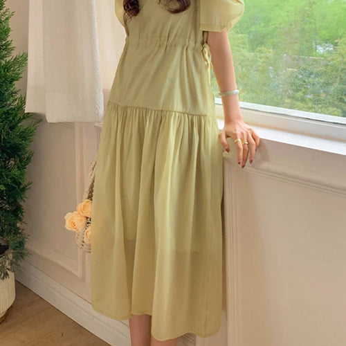 Load image into Gallery viewer, Pure Color Simple O-neck Women&#39;s Dresses Korean Style Drawstring Puff Sleeve Ruffles Summer Elegant Fashion Female Dress
