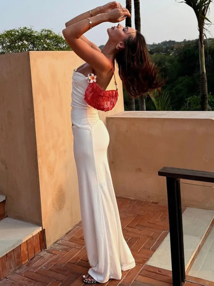 Strapless Hollow Out Sexy Maxi Dress Women Gown Summer New Off-shoulder Backless Sleeveless Beach Club Long Dress