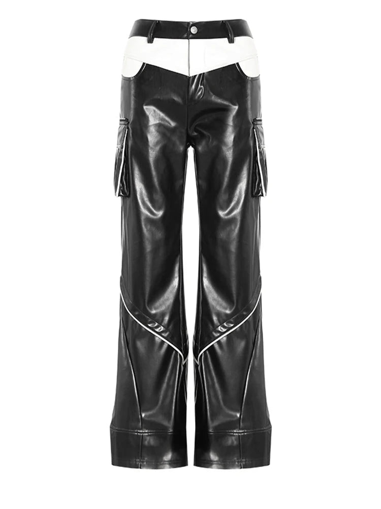 High Waist Black White Pu Leather Color-block Casual Pants New Trousers Women Fashion Tide Spring Autumn 2025 7AB4744
