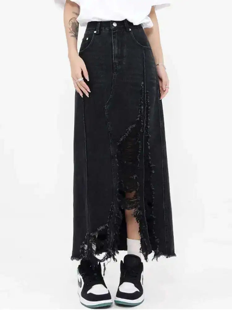 High Waist Blue Denim Holes Irregular Burr Long Casual Half-body Skirt Women Fashion Tide New Spring Autumn 2025 1DF6983