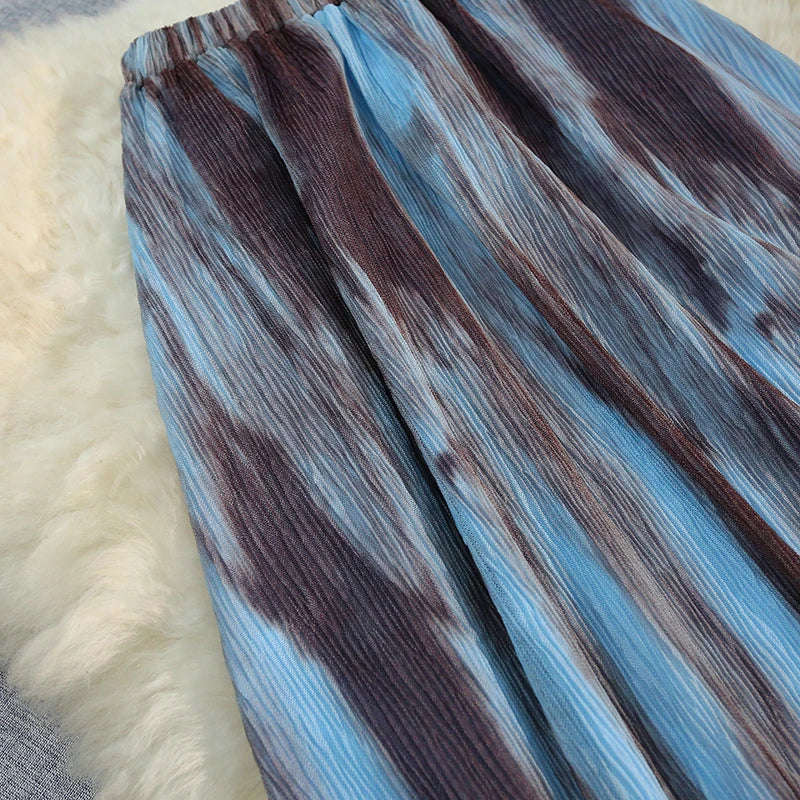 Korean Blue Brown Tie Dye Vacation Pleated Long Skirts Women Summer Vintage High Waist Festival Streetwear Mid-length Boho Skirt