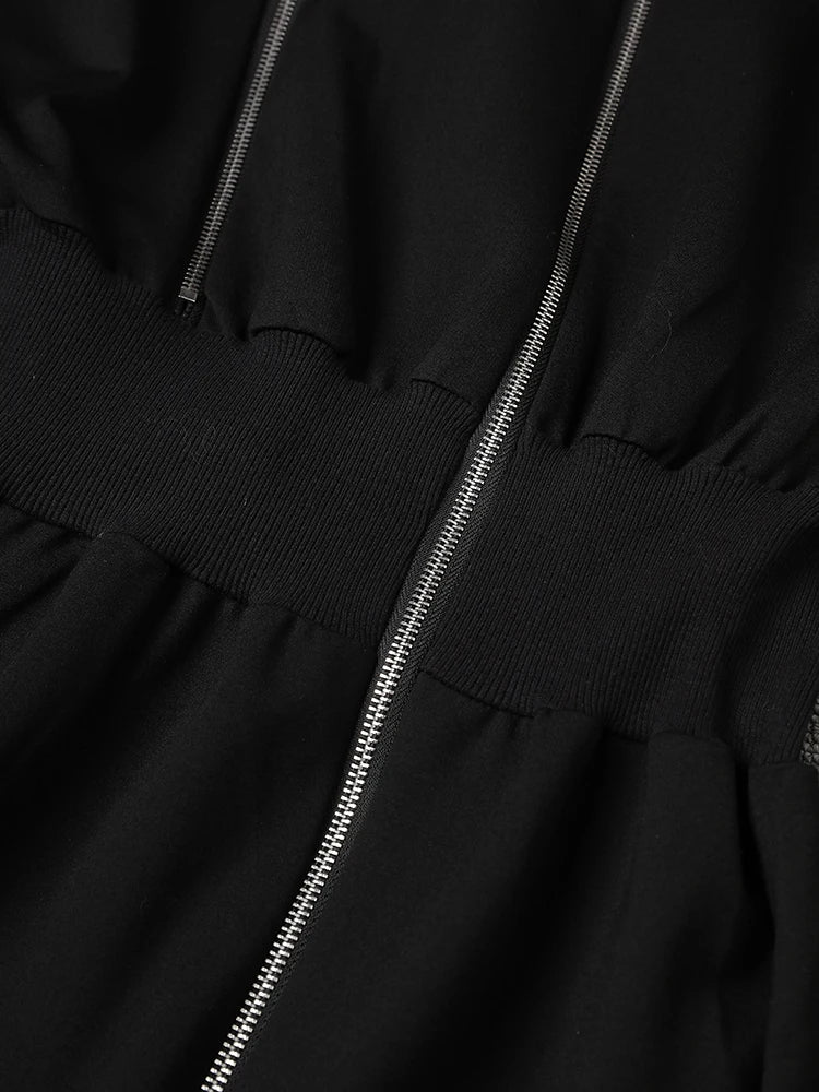 Women Black Zipper Irregular Hem Slit Midi Dress New Turtleneck Long Sleeve Fashion Tide Spring Autumn 2025 1DH9354