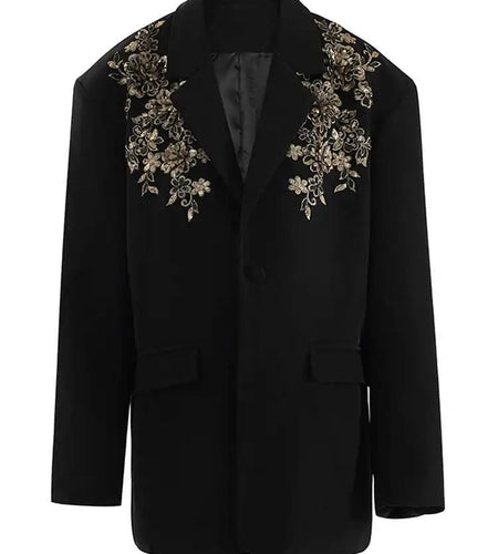 Women Black Sequins Flower Big Size Elegant Blazer New Lapel Long Sleeve Jacket Fashion Tide Spring Autumn 2025 CPG2430