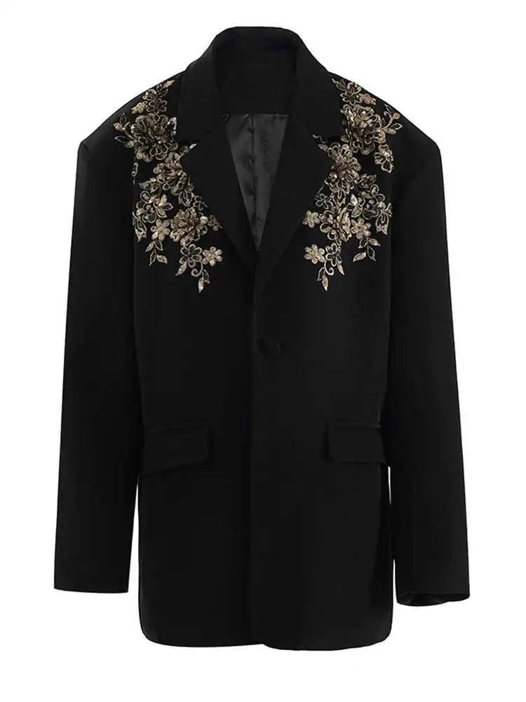 Women Black Sequins Flower Big Size Elegant Blazer New Lapel Long Sleeve Jacket Fashion Tide Spring Autumn 2025 CPG2430