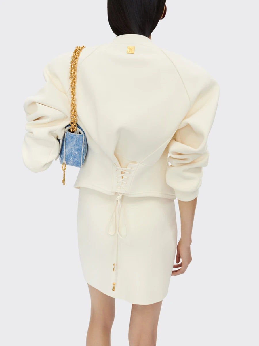 Solid Spliced Breasted Elegant Two Piece Sets for Women Round Neck Long Sleeves Top High Waist Skirt Set Female New